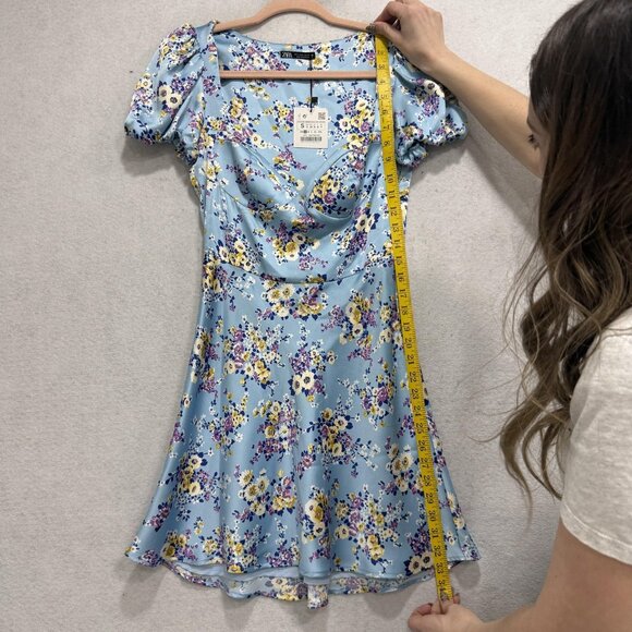 Zara Dress Womens Small Blue Floral Puff Sleeve Fit & Flare Mini Satin Sundress - Picture 6 of 14